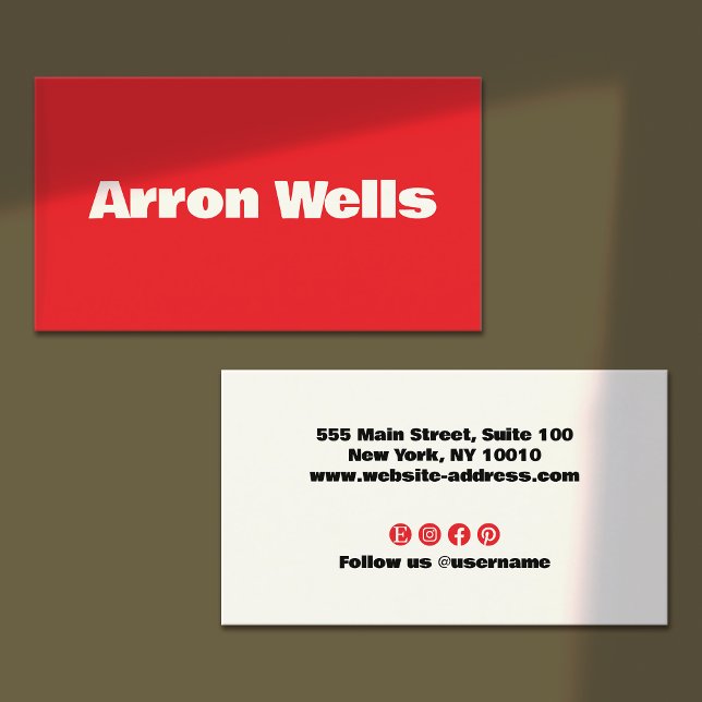 Cartão De Visita Tipografia Red Modern Bold (bright red business card - bold white modern typography - red social media networking icons )