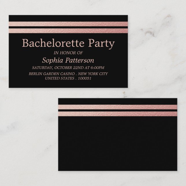 Cartão De Visita Tíquete de Festa de solteira rosa Gold Foil Stripe (Frente/Verso)