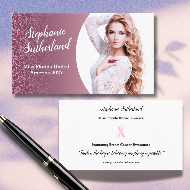 Cartão de Visita Título do Concurso Brilho de Fram (Attend pageant appearances like a pro! This photo business card features a raspberry sparkle border)