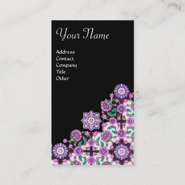 CARTÃO DE VISITA TOPKAPI,FLORES DE DAMASK NEGROS FLORAIS (Frente)