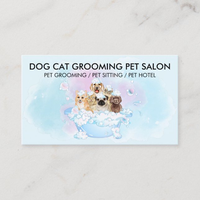 Cartão De Visita Tosa Pet Groomer Azul Rosa Gatos Cães Banho (Frente)