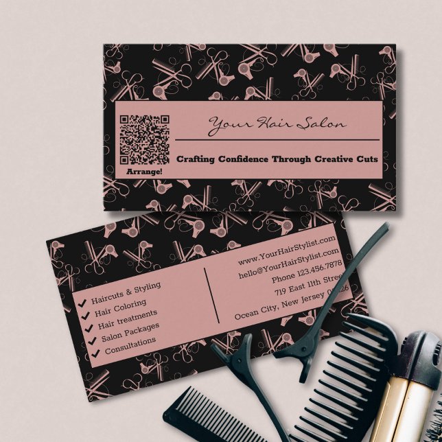 Cartão De Visita Toscana Rosa e Preto Código QR Cabelo Salão (Tuscany Pink & Black QR Code Hair Salon Business Card)