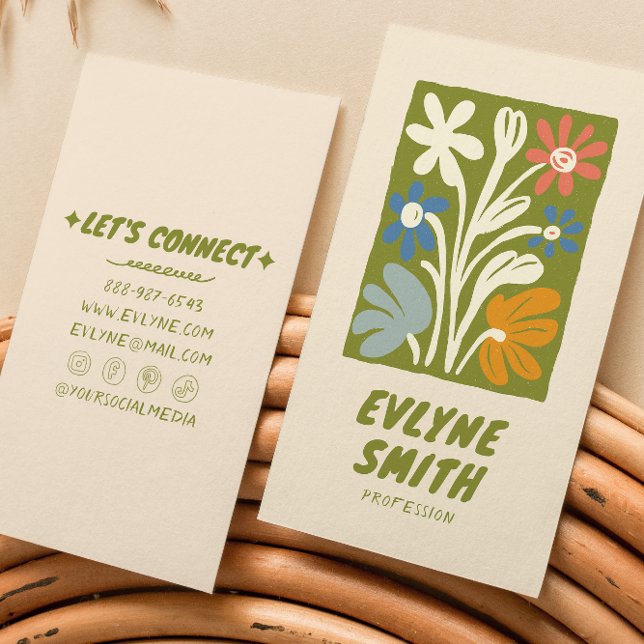 Cartão De Visita Traço de Mão Verde Escrito Retro Boho Floral (Criador carregado)