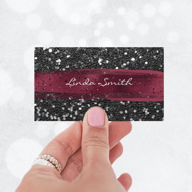 Cartão De Visita Traços de Pincel Glitter de Confetti Preto (Black Confetti Glitter Burgundy Brush Strokes Business Card)
