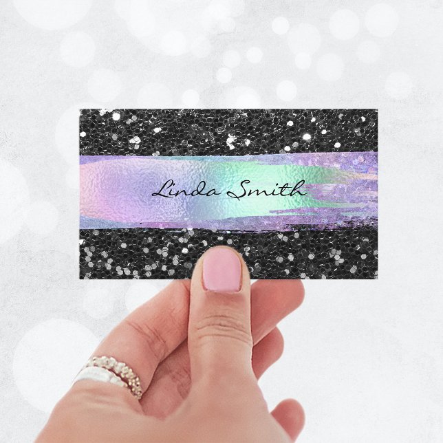 Cartão De Visita Traços de Pincel Iridescente de Confetti Preto (Black Confetti Glitter Iridescent Brush Strokes Business Card)