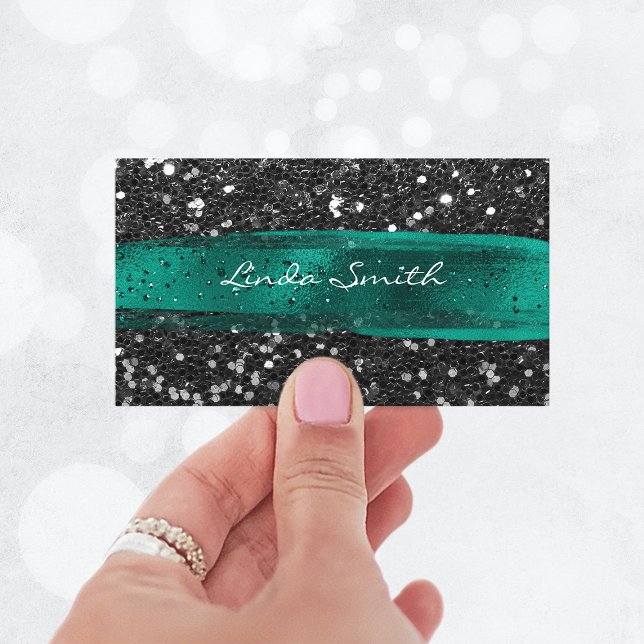 Cartão De Visita Traços de Pincel Verde de Teal Negro Confetti (Black Confetti Glitter Teal Green Brush Strokes Business Card)