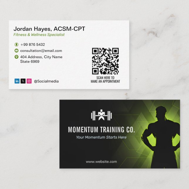 Cartão De Visita Training Fitness Coach | Black White Barcode (Frente/Verso)
