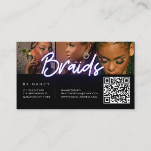 Cartão De Visita Tranças Roxo Neon 3 Colagem de Fotos Código QR