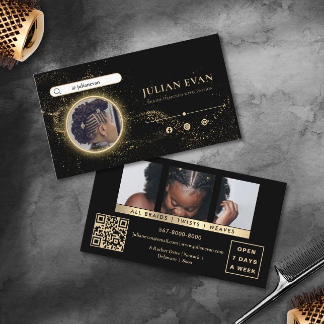 Cartão De Visita Travagem de cabelo na moda preto e Dourado african (Stylish Black and Gold African Hair Braiding Business Card)