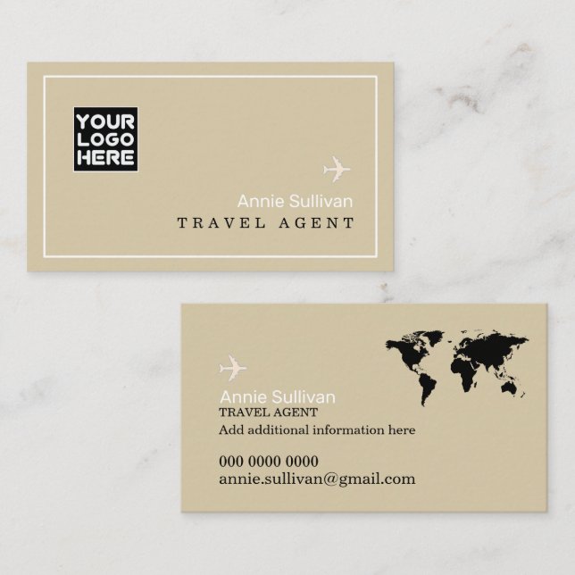 Cartão De Visita Travel Agent Logo Plane World Map Beige (Frente/Verso)