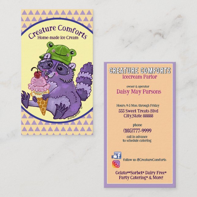Cartão De Visita Treat Yourself, Purple Raccoon with Icecream (Frente/Verso)