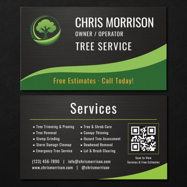 Cartão De Visita Tree Service Arborist QR Code Metallic (Criador carregado)