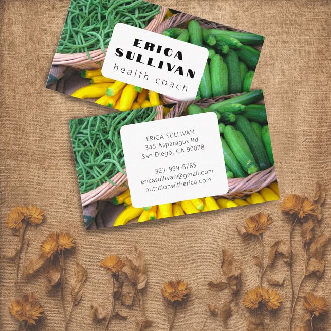 Cartão De Visita Treinador em Saúde Nutricionista Chef Zucchini Veg (Beautiful veggies at farmers market photo business card for nutritionists & chefs, customize it!)