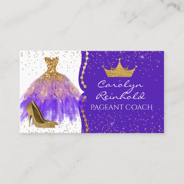 Cartão De Visita Treinador Glittery Pageant Roxo e Dourado (Frente)