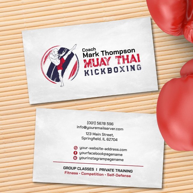 Cartão De Visita Treinador Muay Thai e Kickboxe - Blue Red Busines (Criador carregado)