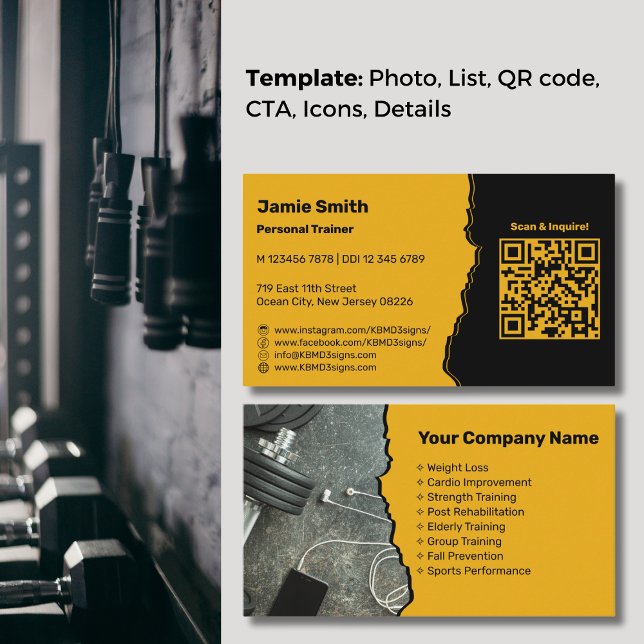 Cartão De Visita Treinador Pessoal Amarelo do Ouro Profissional (Professional Golden Yellow Personal Trainer Business Card, QR code, Service List, Icons)