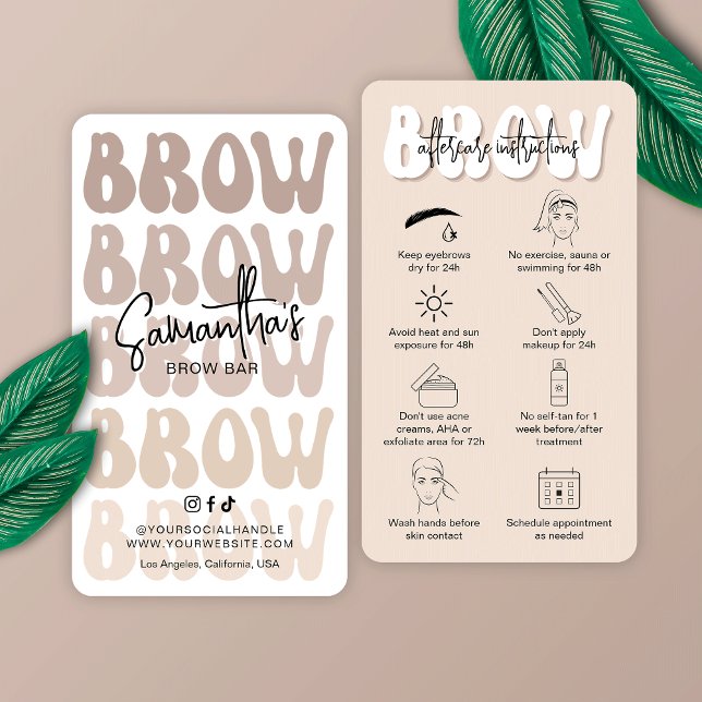 Cartão De Visita Trendy Beige Brow Após Cuidados Retroativos (Microneedling aftercare cards for brow salons, featuring retro fonts in beige and white)