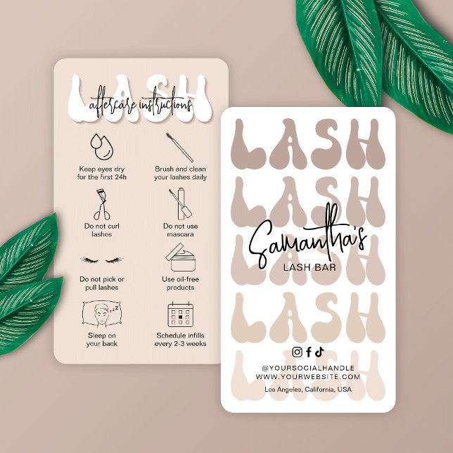 Cartão De Visita Trendy Beige Lash Após Cuidados Retroativos (Trendy beige and white lash extensions care cards with retro fonts and space for your salon details)