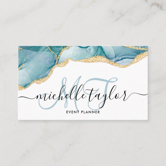 Cartão De Visita Trendy Blue Monograma Dourado Makeup Artist Hair S (Frente)