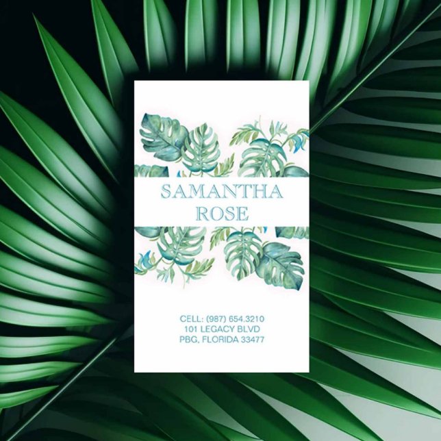 Cartão De Visita Trendy Botânica Monstera Palm Deixa A Costa (Tropical business cards watercolor monstera palm leaves by Victoria Grigaliunas Do Tell A Belle)