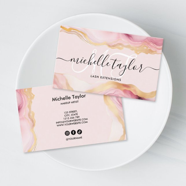 Cartão De Visita Trendy Chic Blush Pink Monogram Makeup Artist Hair (blush pink agate gold monogram business card for makeup, hair dresser and beauty salon)