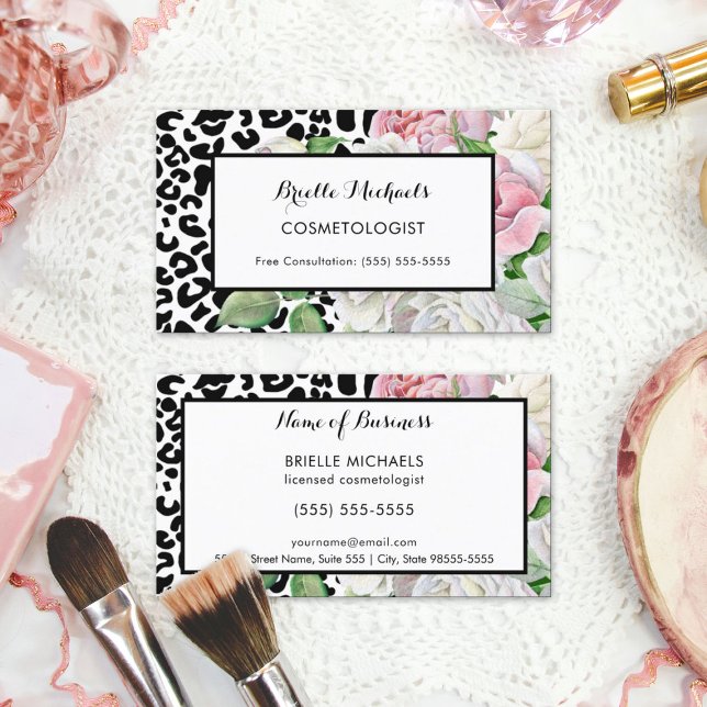 Cartão De Visita Trendy Cosmetologista Leopard Imprima Floral Rosa  (Trendy Cosmetologist Leopard Print Pink Floral Business Cards)