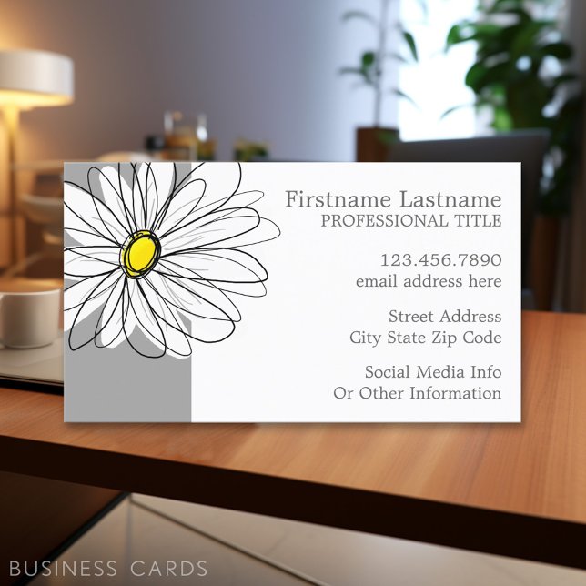 Cartão De Visita Trendy Daisy com cinza e amarelo (Personalized Printed Business Cards)
