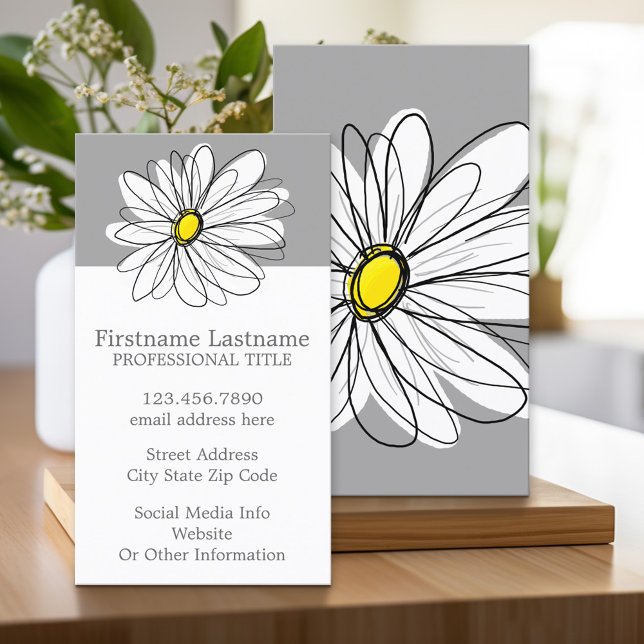 Cartão De Visita Trendy Daisy com cinza e amarelo (Custom Printed Business Card)