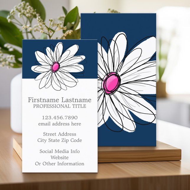 Cartão De Visita Trendy Daisy Floral Illustração - marinho e rosa (Custom Printed Business Card)