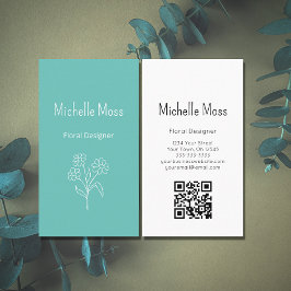 Cartão De Visita Trendy Daisy Teal QR code Floral Designer