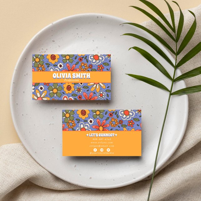Cartão De Visita Trendy Floral 70s do Groovy Boho Amarelo Retro (Criador carregado)