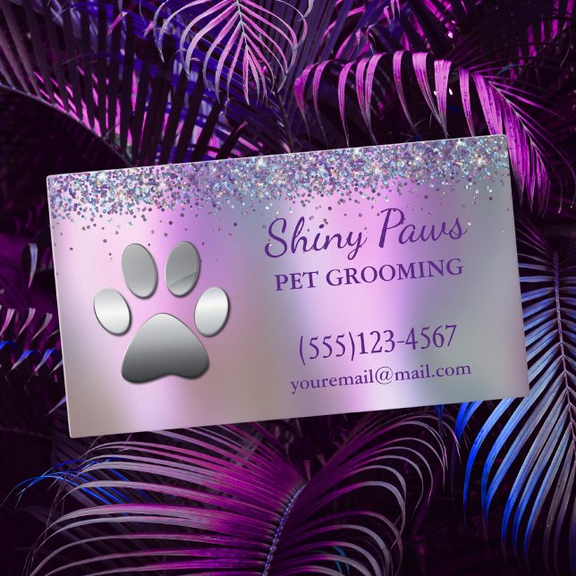 Cartão De Visita Trendy Glitter Shimmer Cog Paw Grooming Service (Criador carregado)