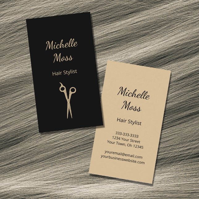 Cartão De Visita Trendy Hair Stylist Simples Tesoura Preta Dourada (Criador carregado)