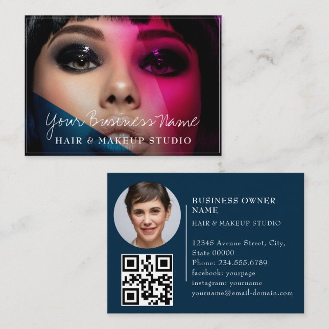 Cartão De Visita Trendy hair stylist white script hairdresser photo (Frente/Verso)