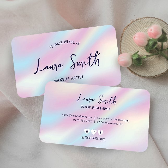 Cartão De Visita Trendy Holographic Hairstylist Unhas Beauty Salon (Girly holographic effect business card design with trendy script font and modern layout)