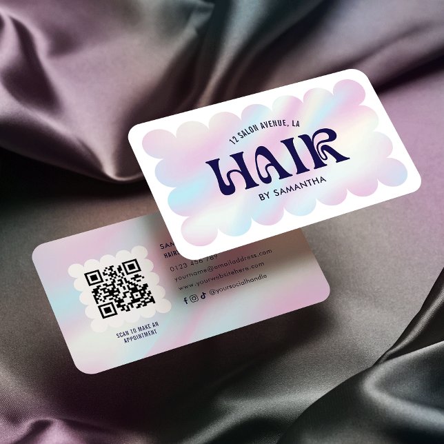 Cartão De Visita Trendy Holographic QR Code Hairstylist Hair Salon (Criador carregado)