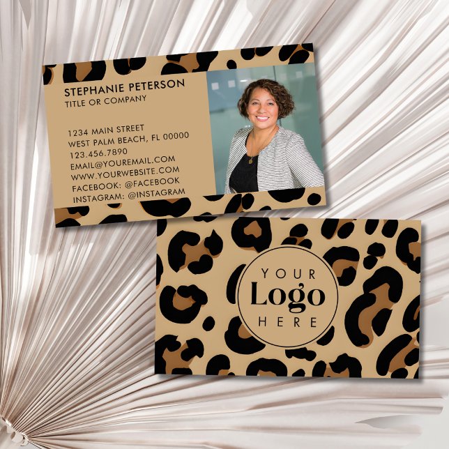 Cartão De Visita Trendy Leopard Print Custom Company Logo & Photo (Criador carregado)