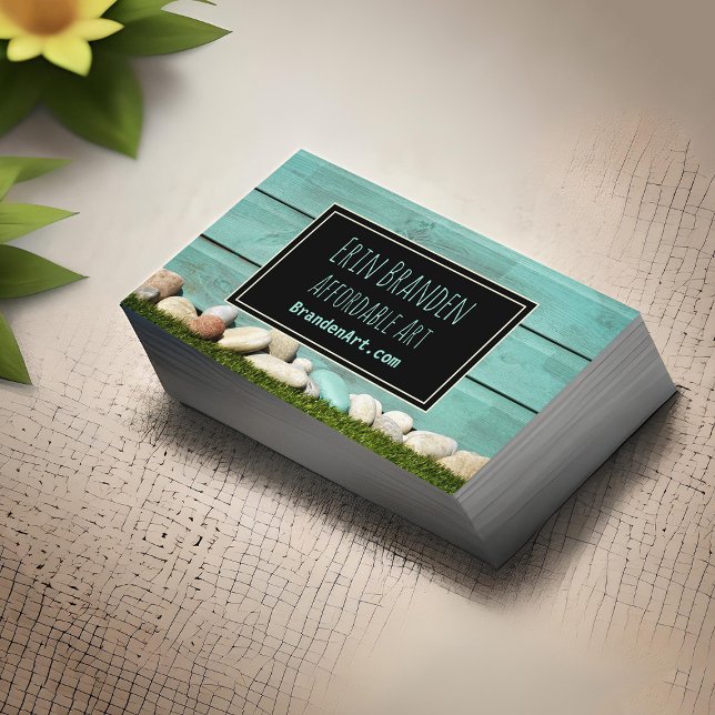 Cartão De Visita Trendy Pastel Teal Aqua Rocks & Wood Artsy Design (Teal stones home and garden business cards)