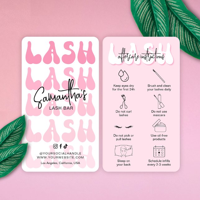 Cartão De Visita Trendy Pink Lash Após Cuidados Letra Retroativa (Criador carregado)