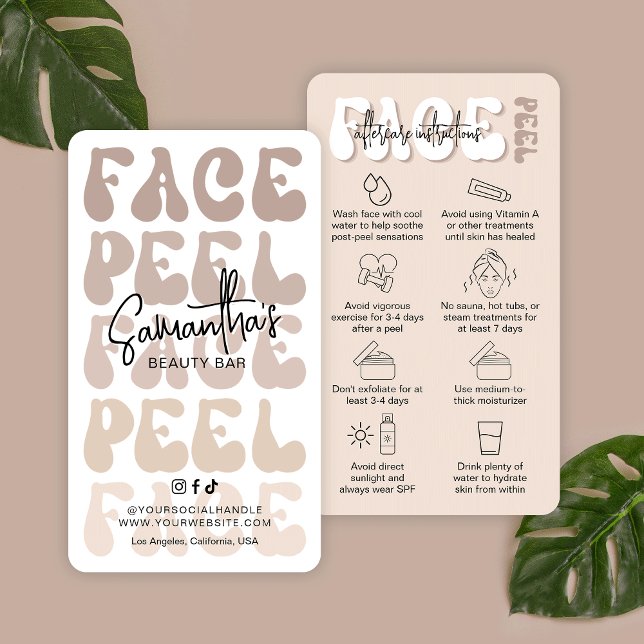 Cartão De Visita Trendy Retro Beige Chemical Face Peel Após Cuidado (Trendy face peel after care instructions business cards with icons and retro fonts)