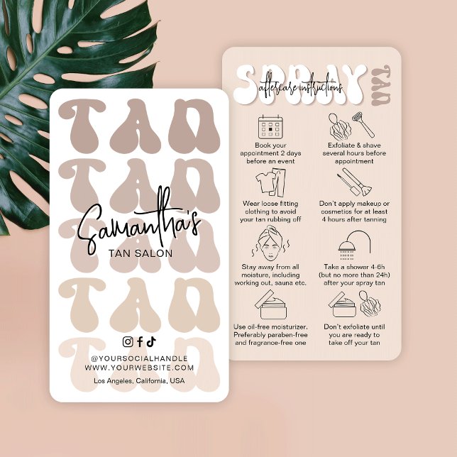 Cartão De Visita Trendy Retro Beige Spray Tan Depois De Cuidados (Trendy spray tan after care instructions cards in beige and white with retro fonts & care icons)