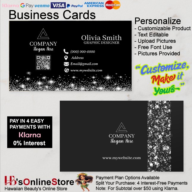 Cartão De Visita Trendy Stars & Sparkles QR Code Black Networking (Trendy Stars & Sparkles QR Code Black Networking Business Cards.
)