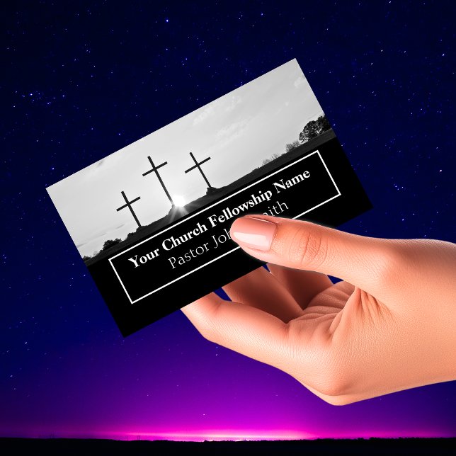 Cartão De Visita Três Pastor Monocromático da Igreja Sunrise (Three Cross Monochrome Sunrise Church Pastor Business Cards)