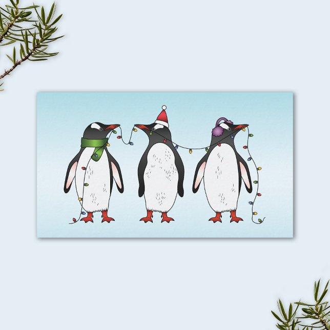 Cartão De Visita Três Pinguins Festivos De Natal Em Azul Claro (Personalize the back with your custom text.)