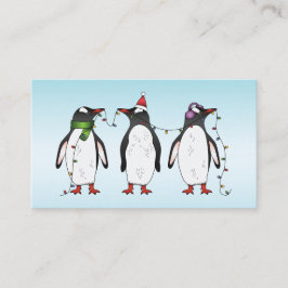 Cartão De Visita Três pinguins natalinos em azul claro