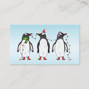 Cartão De Visita Três pinguins natalinos em azul claro