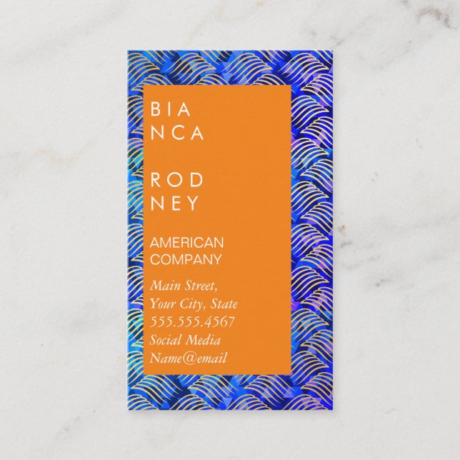 Cartão De Visita Triângulos azuis e tecelagem Dourada (Frente)