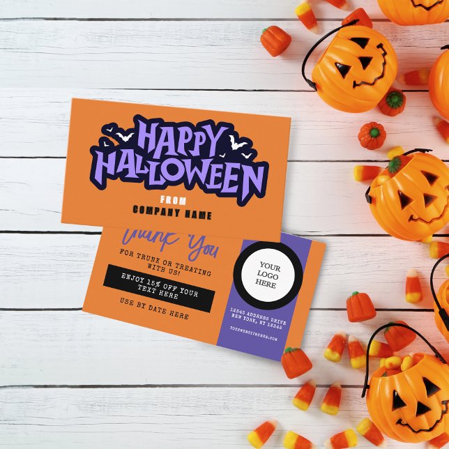 Cartão De Visita Tronco Laranja ou Cupão de Dia das Bruxas (Halloween Discount Coupon Business Cards Pack of 100 in Orange, Purple and Black)