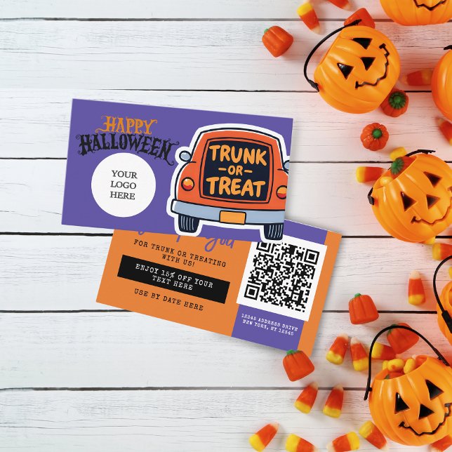 Cartão De Visita Tronco ou Cupom do Dia das Bruxas (Trunk or Treat Halloween Coupon Business Cards Pack of 100 in Orange, Purple, Grey and Black)