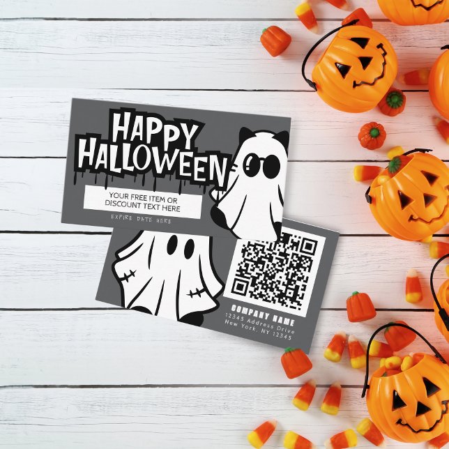 Cartão De Visita Tronco ou Tratar Fantasmas Legal do Halloween (Halloween Discount Coupon Business Cards Pack of 100. Gray, Black and White Ghosts)